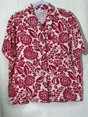 100% Linen Hot Cotton White Shirt with Red Floral Print